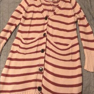 Altar’d State Burgundy and tan long cardigan.